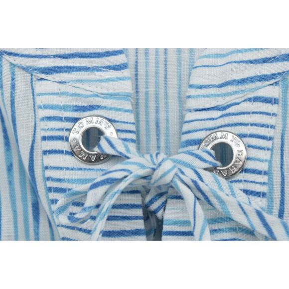 Tommy Bahama Top Beachy Women Small Blue Sleeveless Linen Lace Up Shirt Stripes - Picture 3 of 7